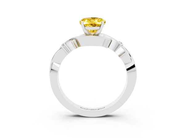 Platinum Oval Cut Yellow Sapphire Solitaire Ring with Twisted Band and Prong Setting