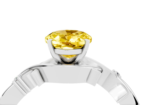 White gold Oval Cut Yellow Sapphire Solitaire Ring with Twisted Band and Prong Setting_4