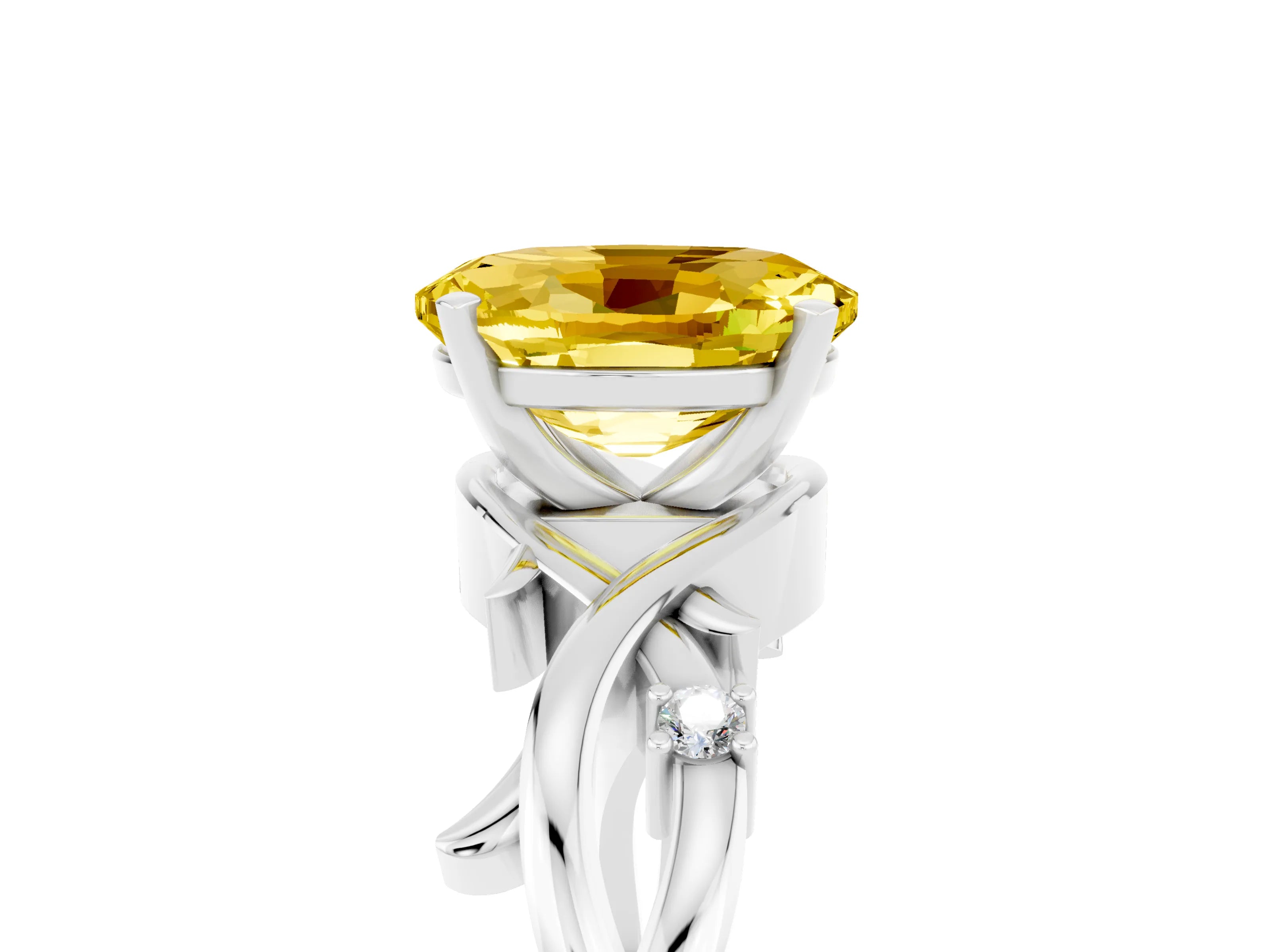 White gold Oval Cut Yellow Sapphire Solitaire Ring with Twisted Band and Prong Setting_5