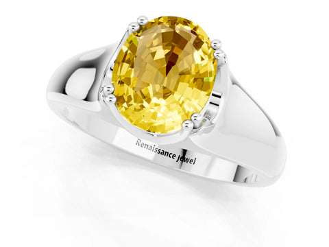 White gold Oval Cut Yellow Sapphire Solitaire Ring with Wide Band and Prong Setting_25