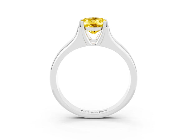 Platinum Oval Cut Yellow Sapphire Solitaire Ring with Wide Band and Prong Setting