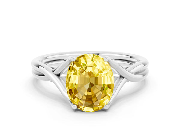 Silver Oval Cut Yellow Sapphire Solitaire Twist Band Prong Setting Ring