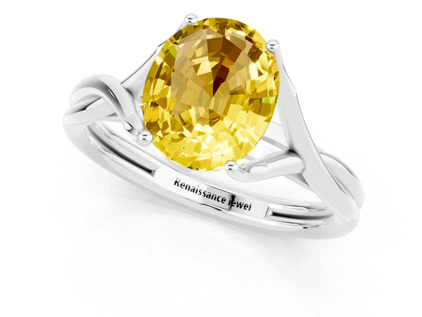 Platinum Oval Cut Yellow Sapphire Solitaire Twist Band Prong Setting Ring