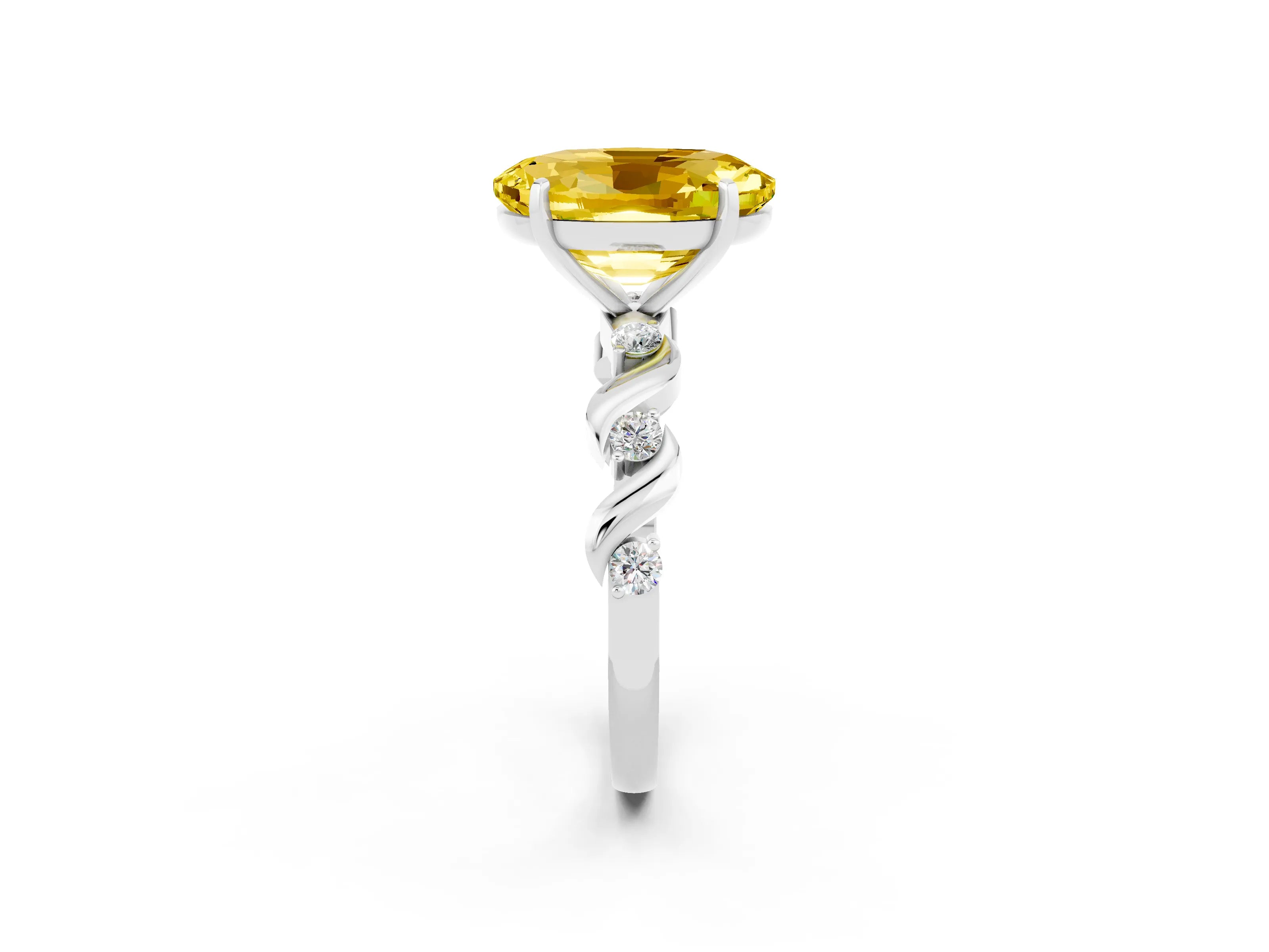 White gold Oval Cut Yellow Sapphire Solitaire Twisted Band with Round  Accents and Prong Setting_14