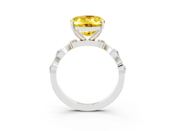 White gold Oval Cut Yellow Sapphire Solitaire Twisted Band with Round  Accents and Prong Setting