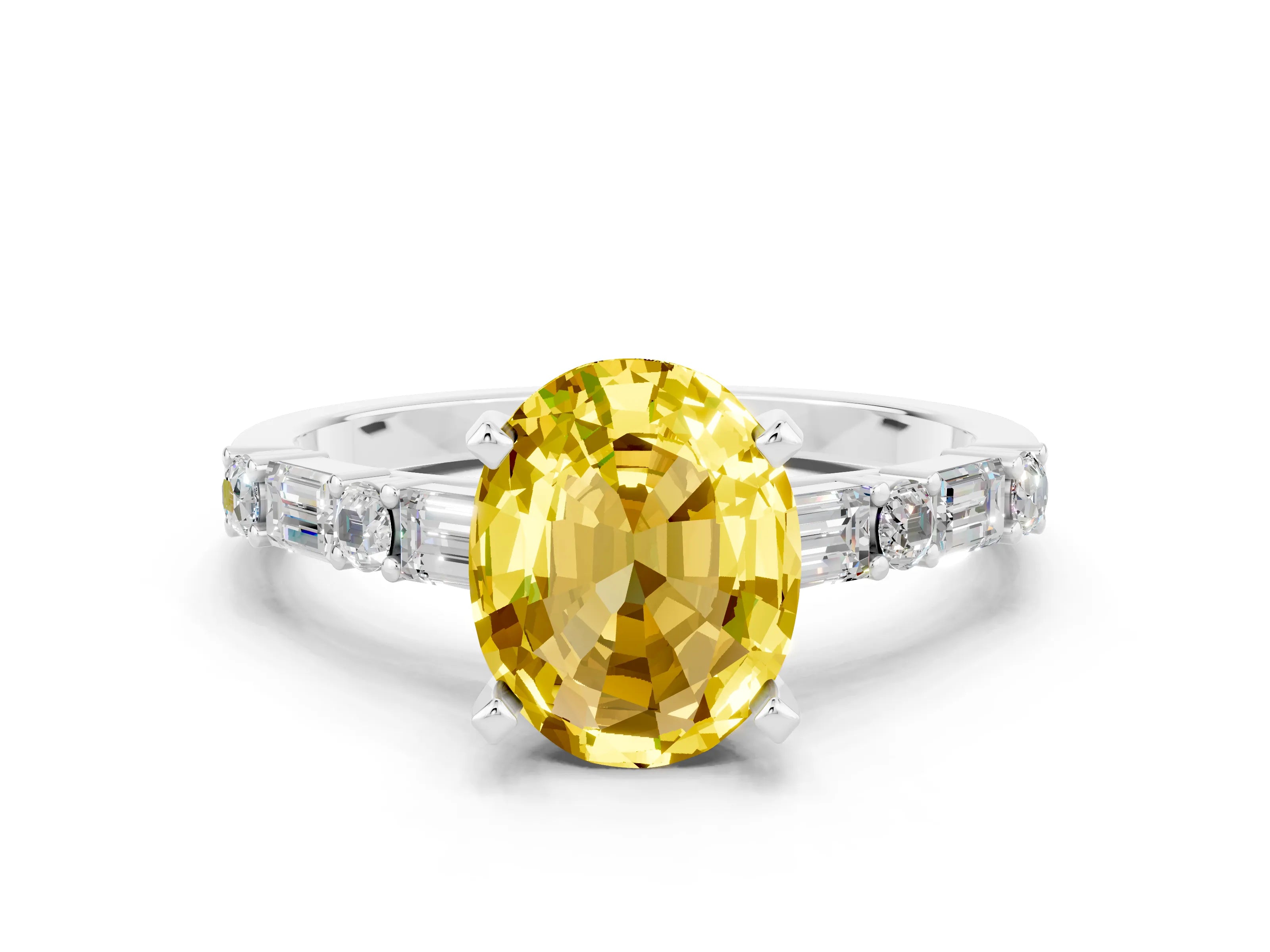 White gold Oval Cut Yellow Sapphire Solitaire with Side Baguettes and Channel Set Band_24