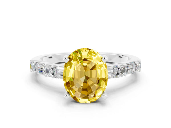 Silver Oval Cut Yellow Sapphire Solitaire with Side Baguettes and Channel Set Band