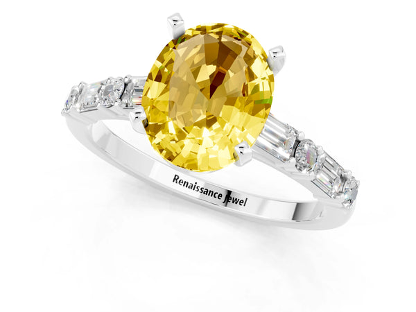 White gold Oval Cut Yellow Sapphire Solitaire with Side Baguettes and Channel Set Band
