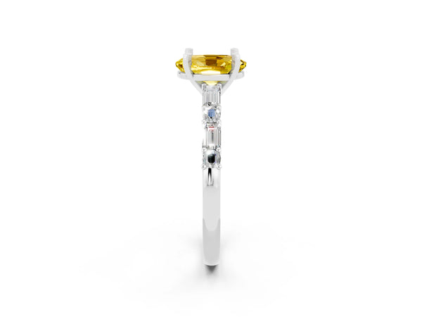 Silver Oval Cut Yellow Sapphire Solitaire with Side Baguettes and Channel Set Band