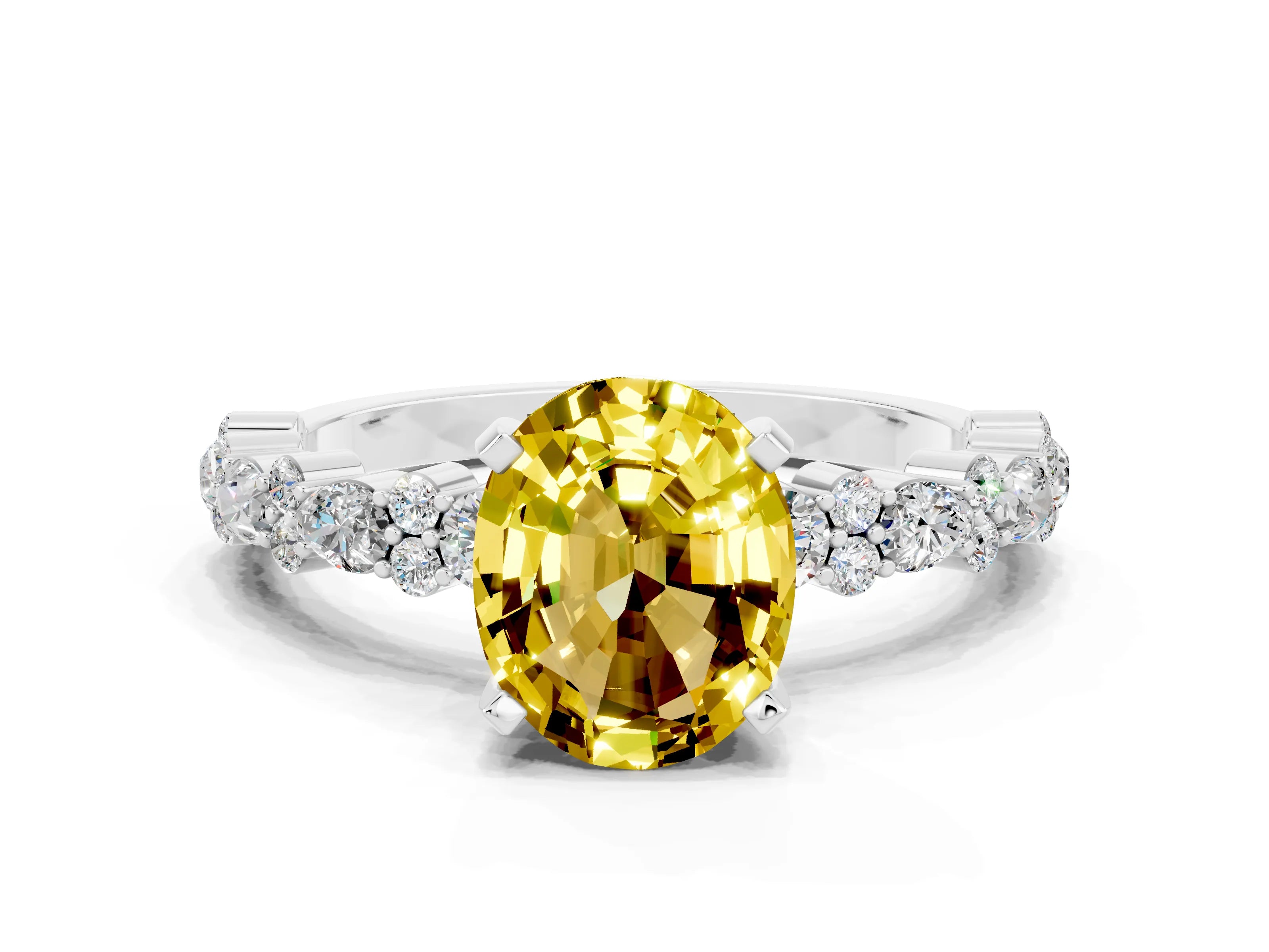 White gold Oval Cut Yellow Sapphire Solitaire with Side Stones, Pave Band, Four-Prong Setting_60