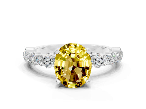 White gold Oval Cut Yellow Sapphire Solitaire with Side Stones, Pave Band, Four-Prong Setting_60
