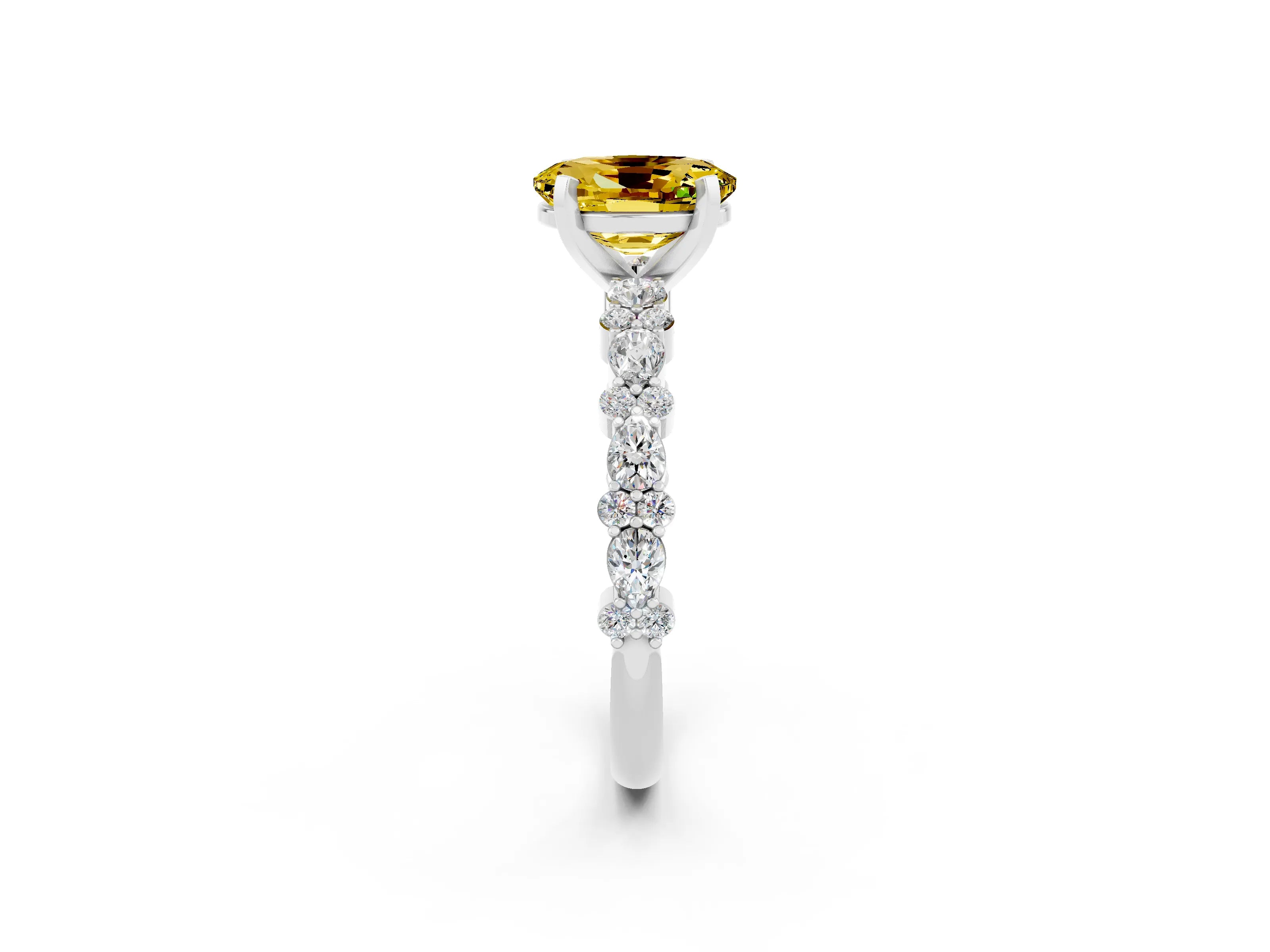 White gold Oval Cut Yellow Sapphire Solitaire with Side Stones, Pave Band, Four-Prong Setting_62
