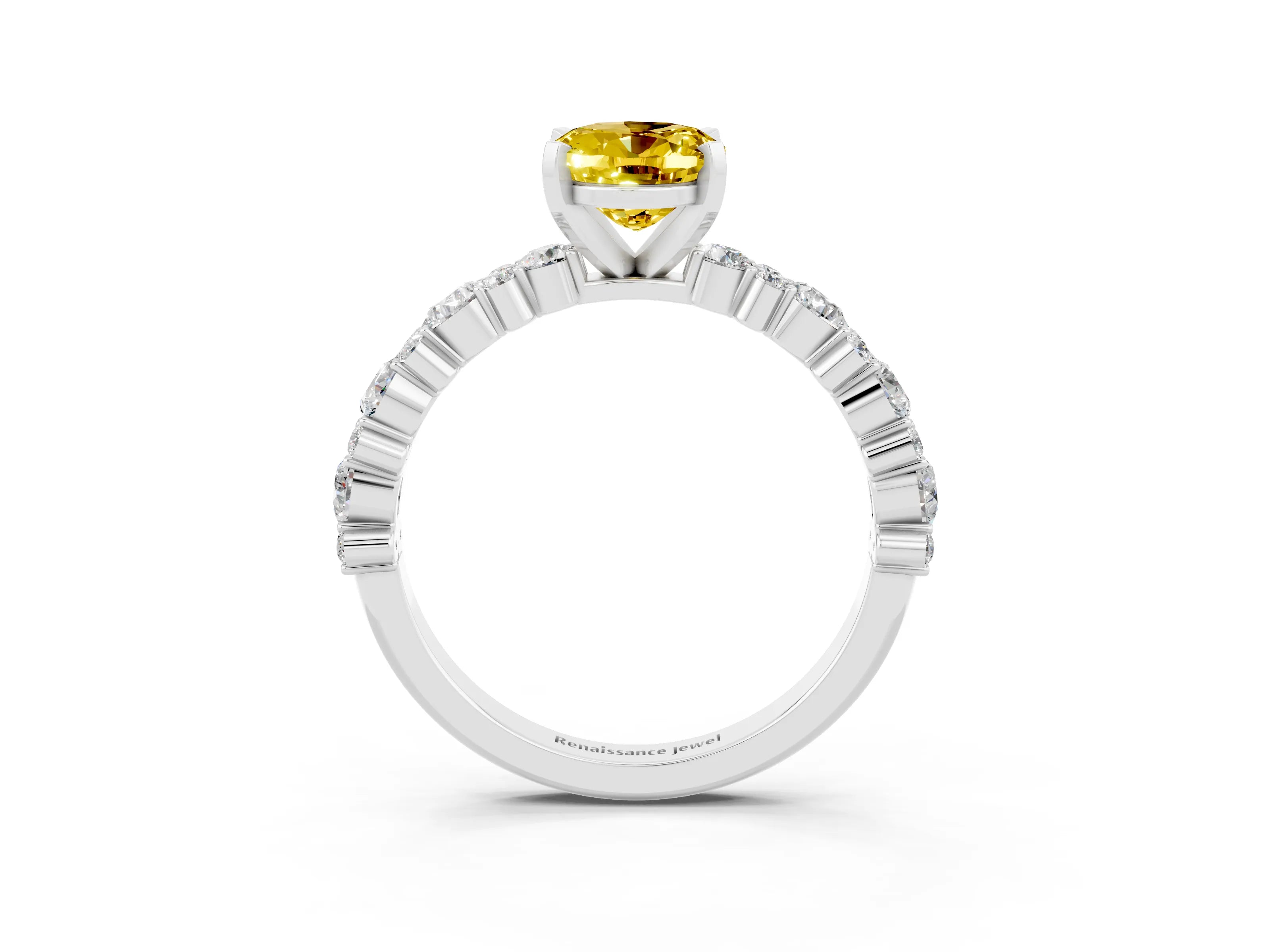 White gold Oval Cut Yellow Sapphire Solitaire with Side Stones, Pave Band, Four-Prong Setting_63