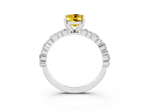 White gold Oval Cut Yellow Sapphire Solitaire with Side Stones, Pave Band, Four-Prong Setting_63