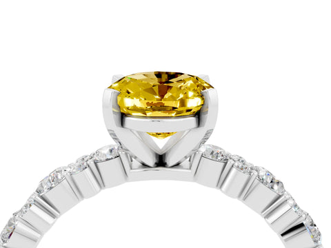 White gold Oval Cut Yellow Sapphire Solitaire with Side Stones, Pave Band, Four-Prong Setting_64