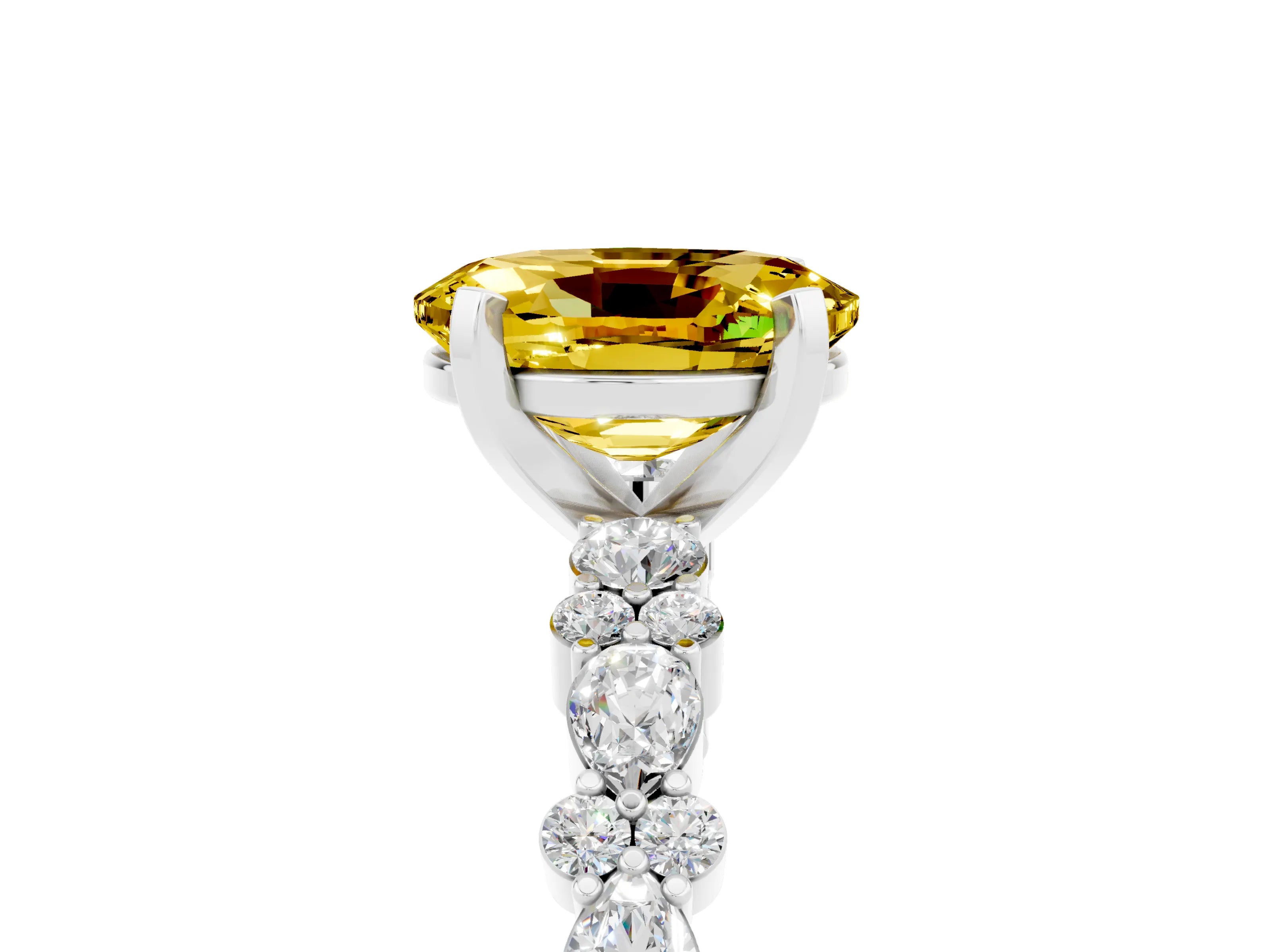 White gold Oval Cut Yellow Sapphire Solitaire with Side Stones, Pave Band, Four-Prong Setting_65