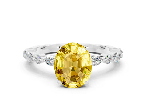 White gold Oval Cut Yellow Sapphire Solitaire with Side Stones on a Pavé Band and Four-Prong Setting_24