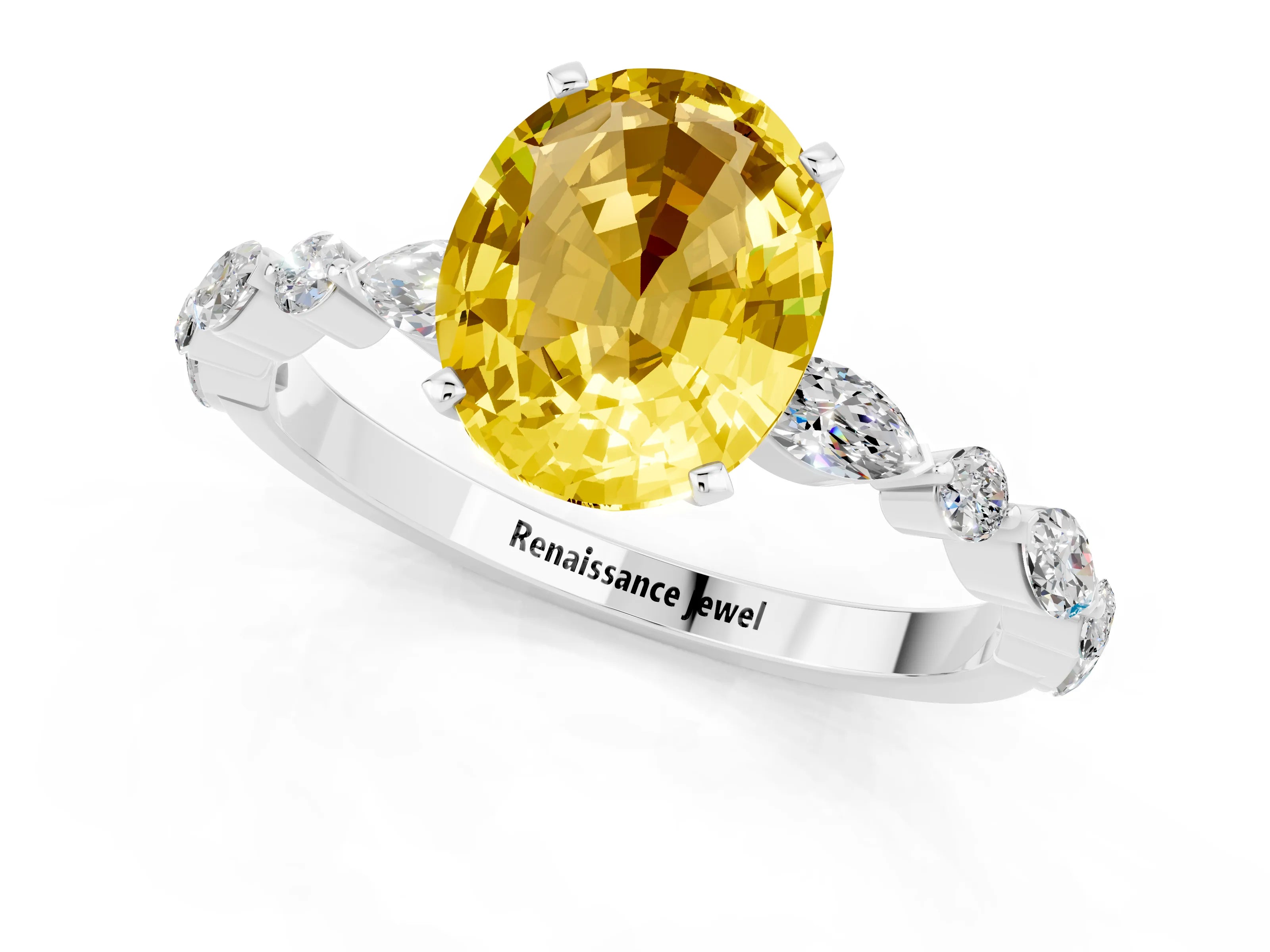 White gold Oval Cut Yellow Sapphire Solitaire with Side Stones on a Pavé Band and Four-Prong Setting_25