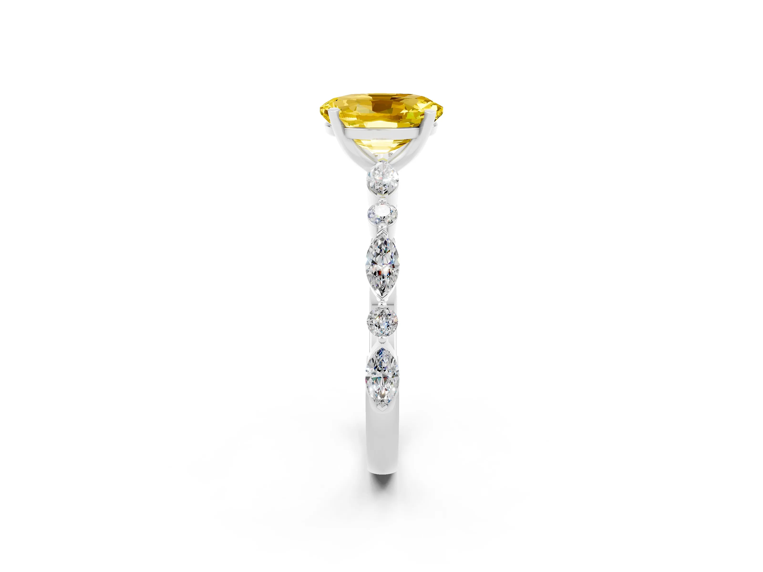 White gold Oval Cut Yellow Sapphire Solitaire with Side Stones on a Pavé Band and Four-Prong Setting_26