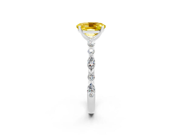 White gold Oval Cut Yellow Sapphire Ring with Marquise and Round  Side Stones and Four-Prong Setting