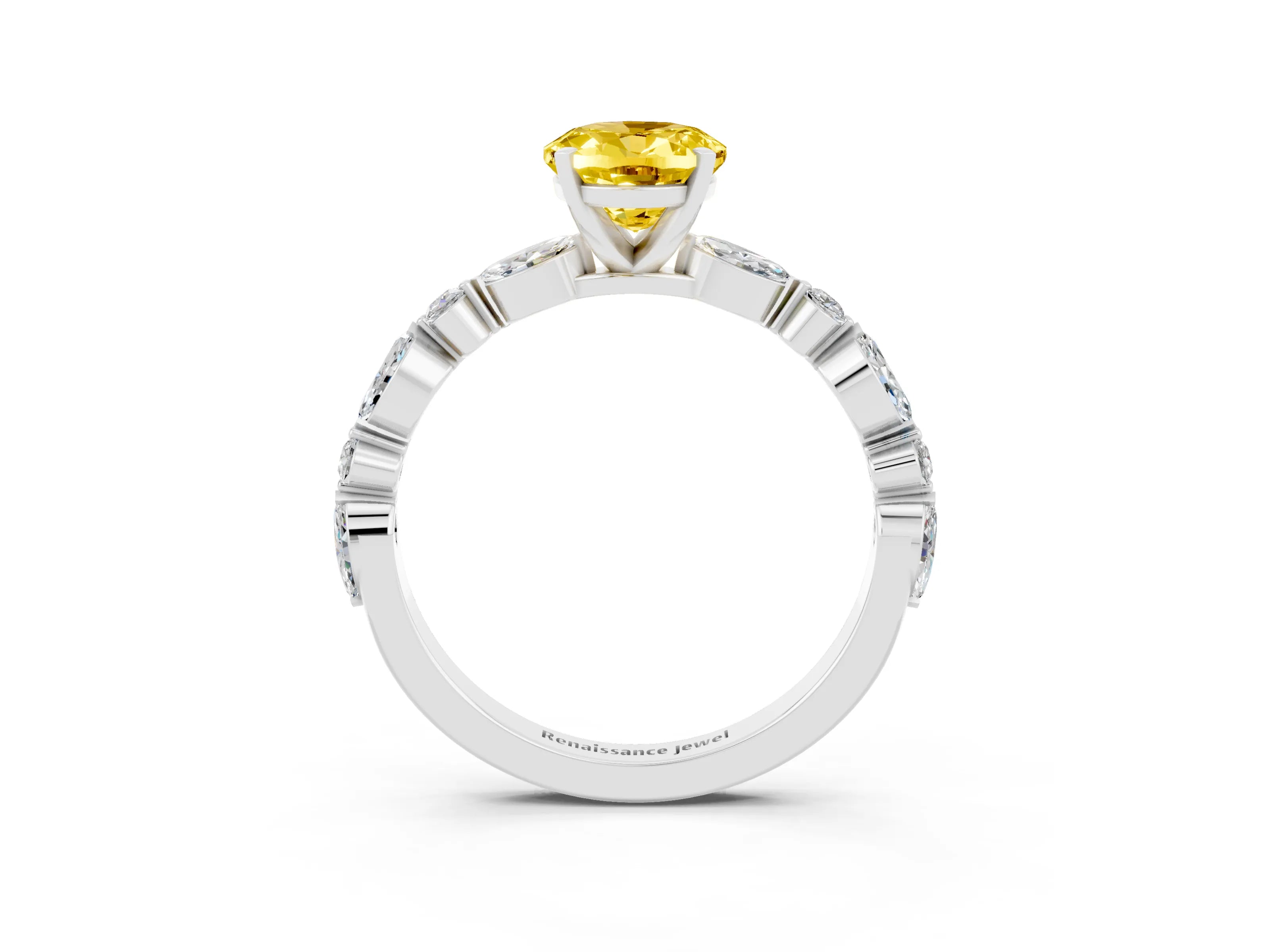 White gold Oval Cut Yellow Sapphire Solitaire with Side Stones on a Pavé Band and Four-Prong Setting_27