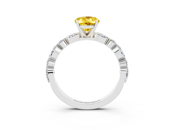 White gold Oval Cut Yellow Sapphire Ring with Marquise and Round  Side Stones and Four-Prong Setting