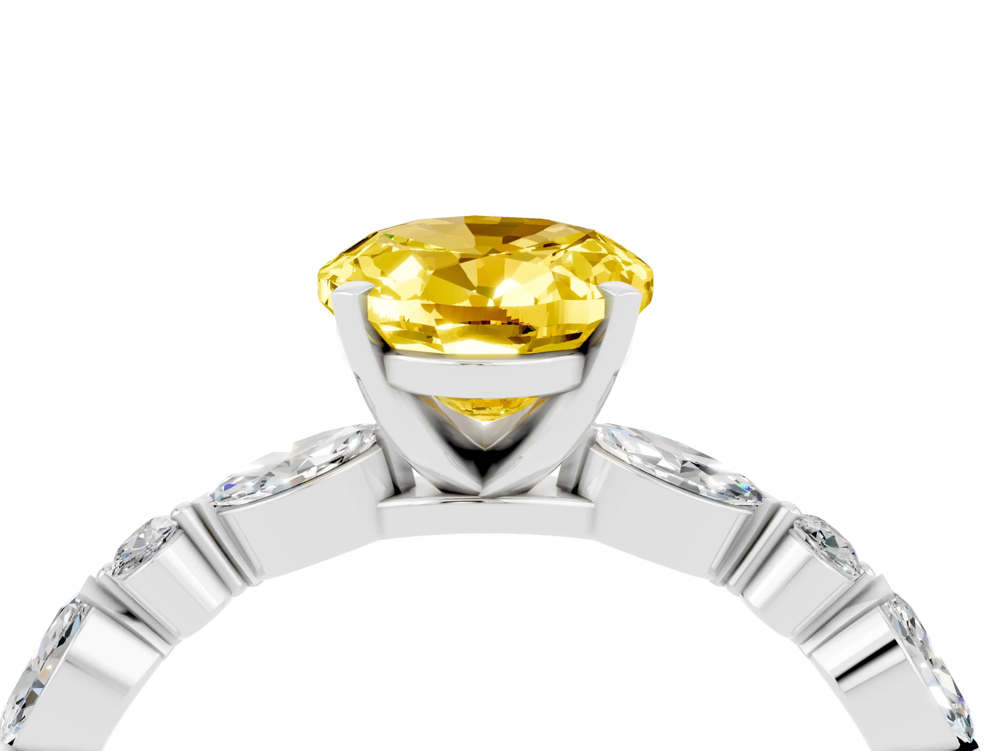 White gold Oval Cut Yellow Sapphire Solitaire with Side Stones on a Pavé Band and Four-Prong Setting_28