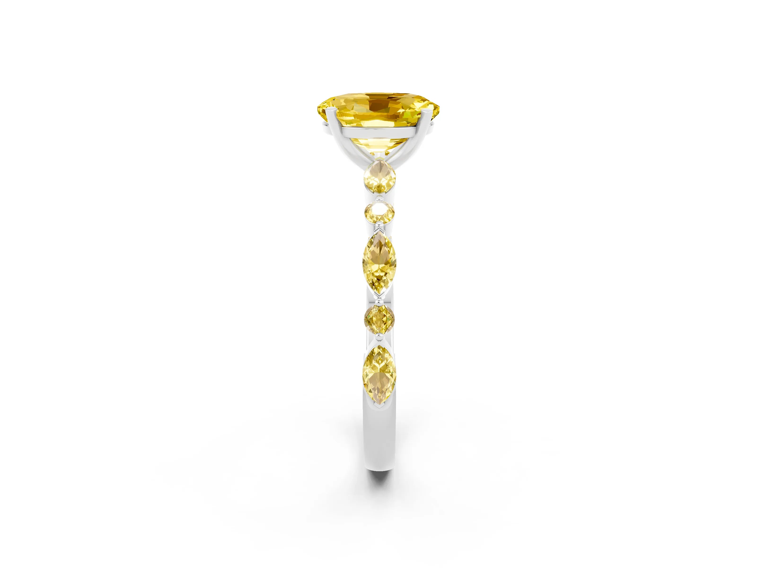 White gold Oval Cut Yellow Sapphire Solitaire with Side Stones on a Pavé Band and Four-Prong Setting_2
