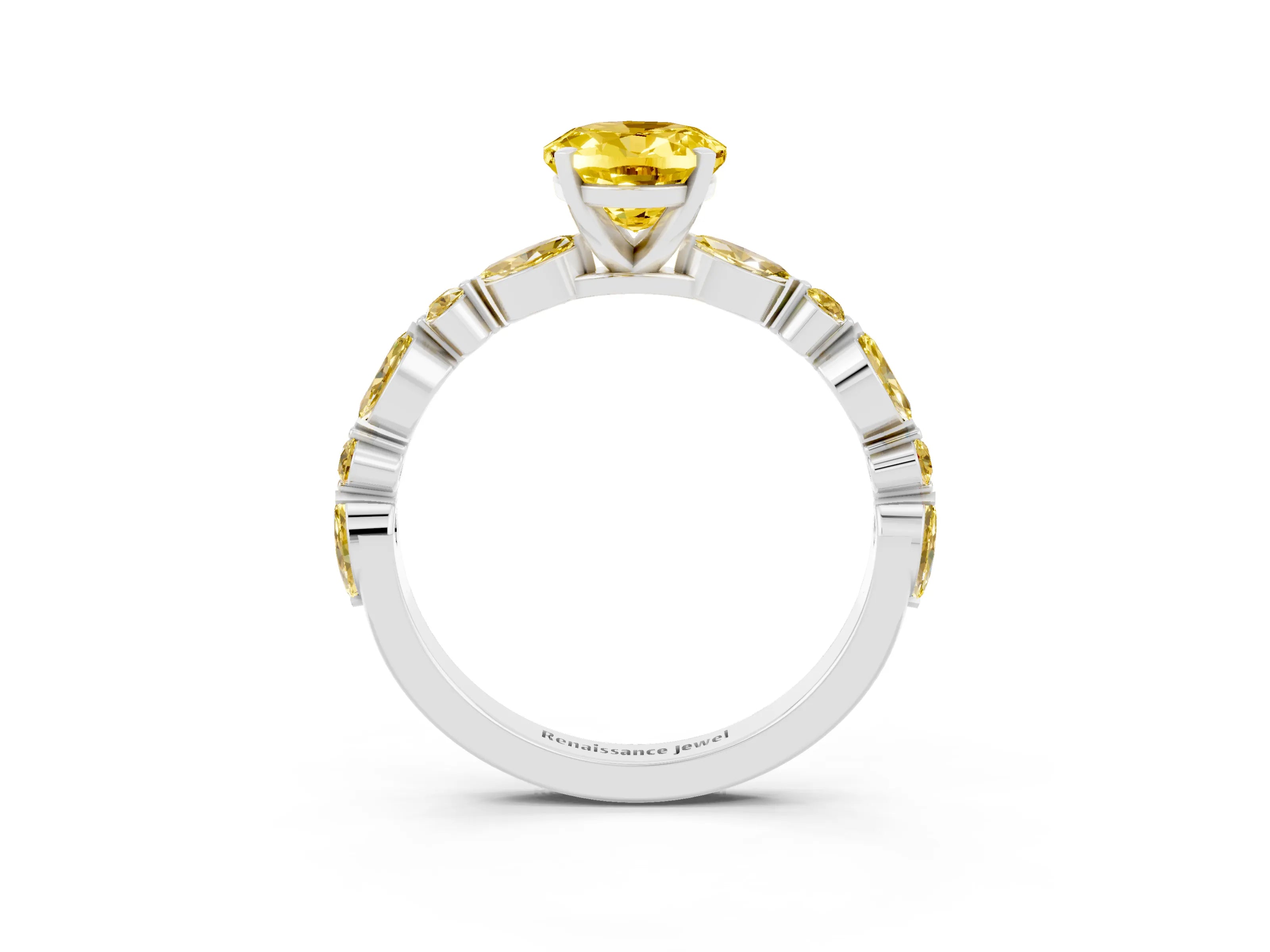 White gold Oval Cut Yellow Sapphire Solitaire with Side Stones on a Pavé Band and Four-Prong Setting_3