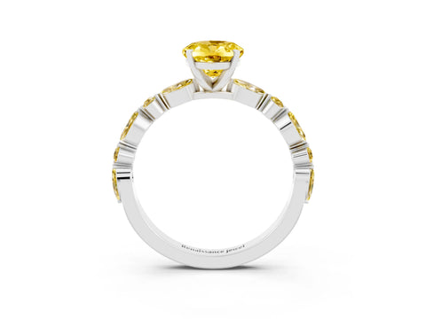 White gold Oval Cut Yellow Sapphire Solitaire with Side Stones on a Pavé Band and Four-Prong Setting_3