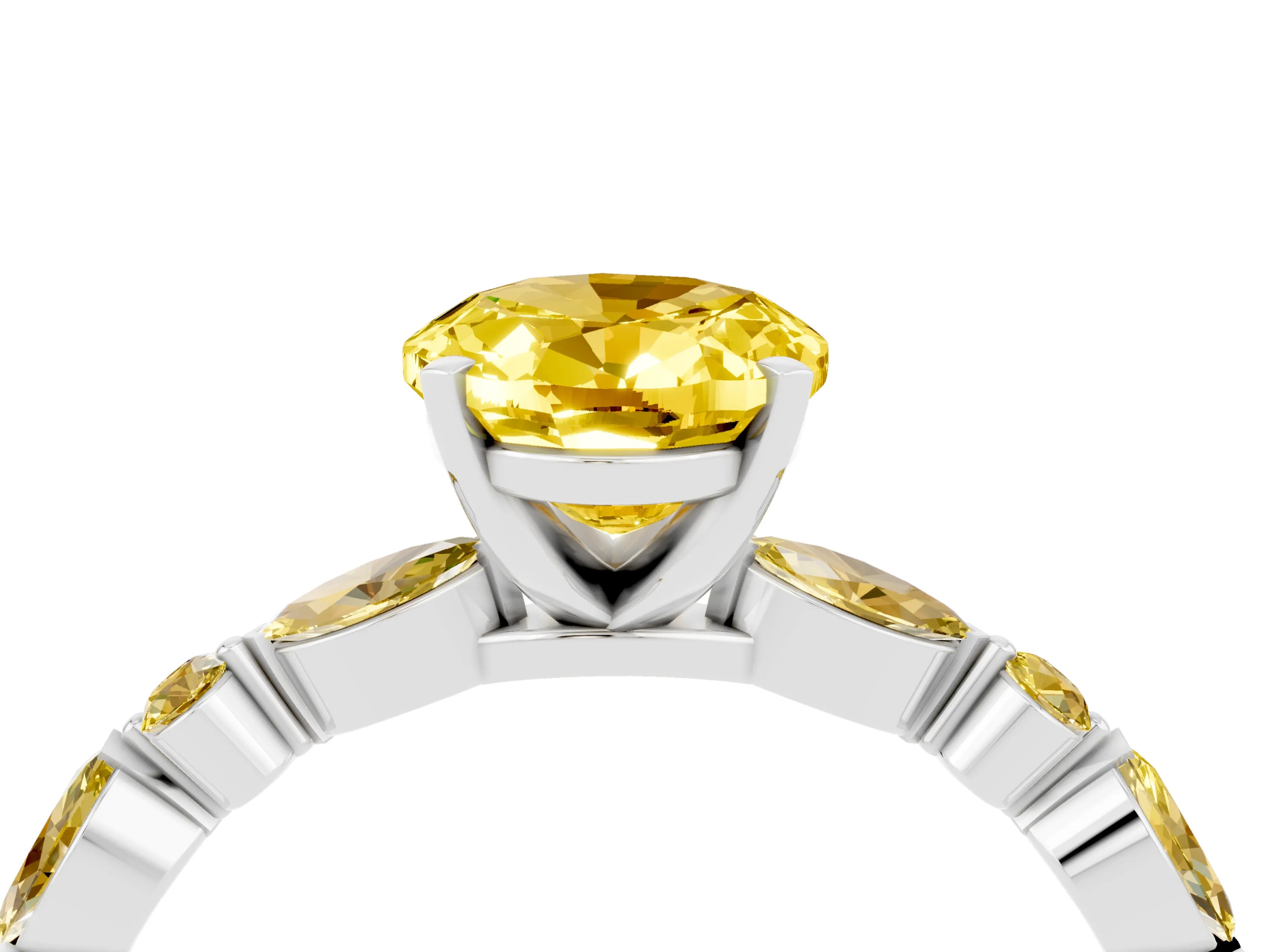 White gold Oval Cut Yellow Sapphire Solitaire with Side Stones on a Pavé Band and Four-Prong Setting_4