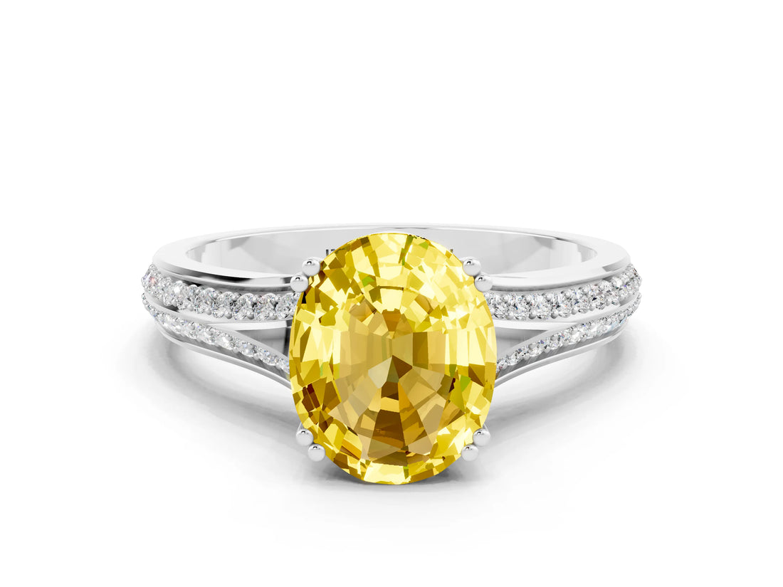 White gold Oval Cut Yellow Sapphire Split Shank Engagement Ring with Pavé Band_24