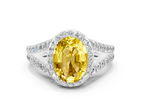 White gold Oval Cut Yellow Sapphire Split Shank Halo Ring with Four-Prong Setting_12