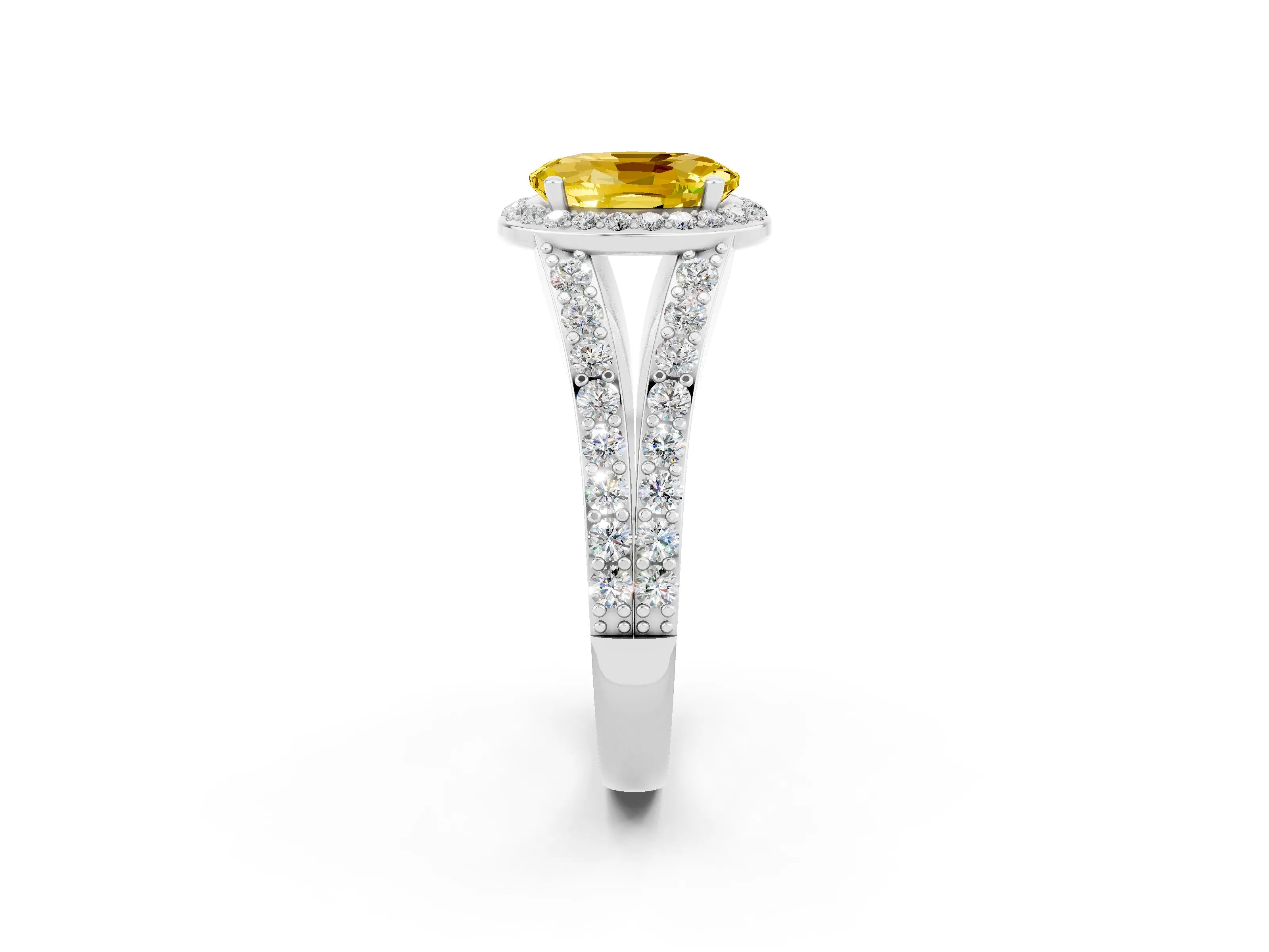 White gold Oval Cut Yellow Sapphire Split Shank Halo Ring with Four-Prong Setting_14