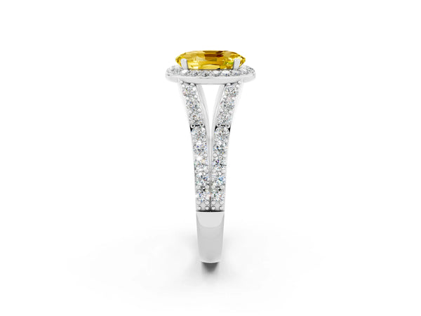 Platinum Oval Cut Yellow Sapphire Split Shank Halo Ring with Four-Prong Setting