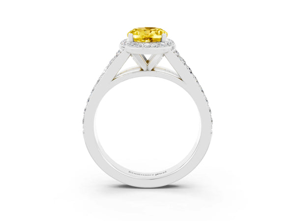 Platinum Oval Cut Yellow Sapphire Split Shank Halo Ring with Four-Prong Setting