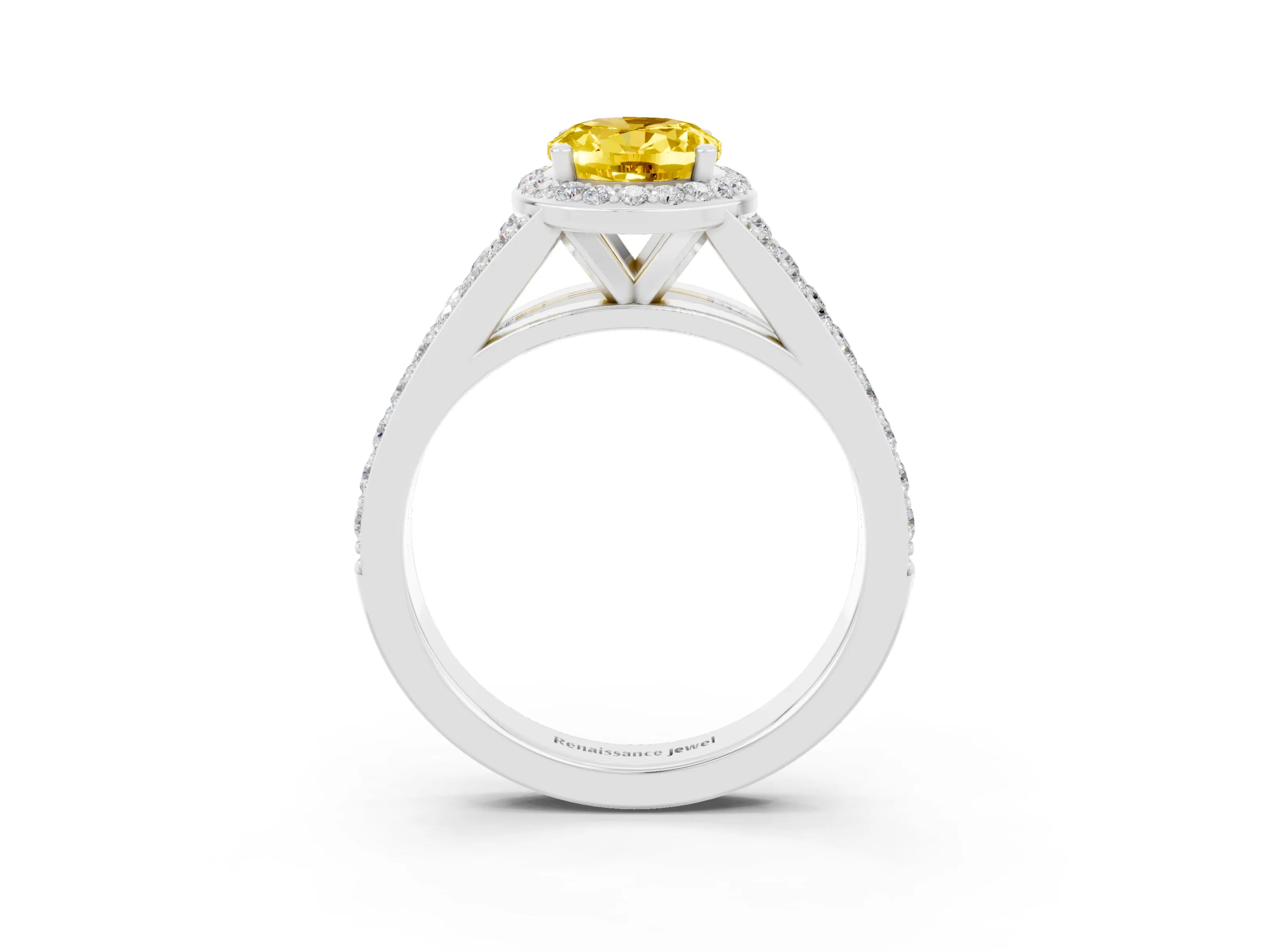 White gold Oval Cut Yellow Sapphire Split Shank Halo Ring with Four-Prong Setting_15