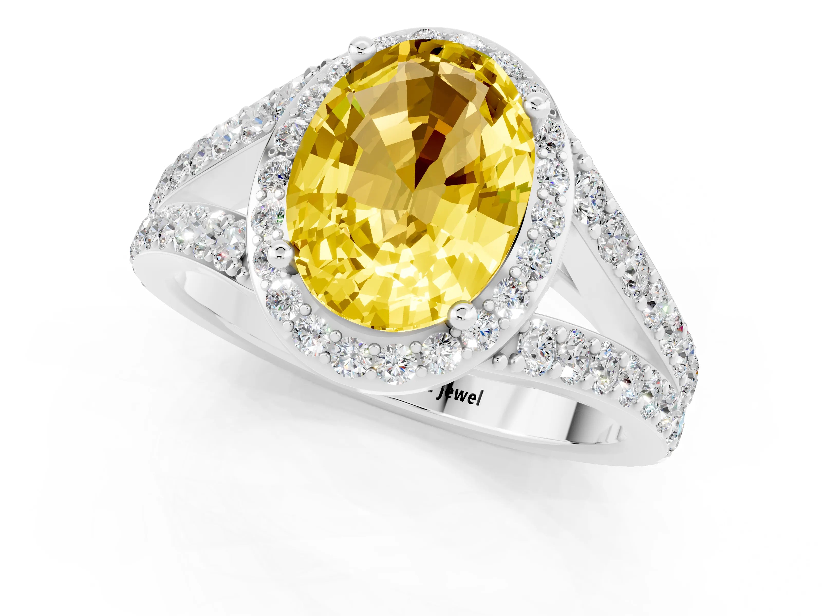 White gold Oval Cut Yellow Sapphire Split Shank Halo Ring with Four-Prong Setting_25