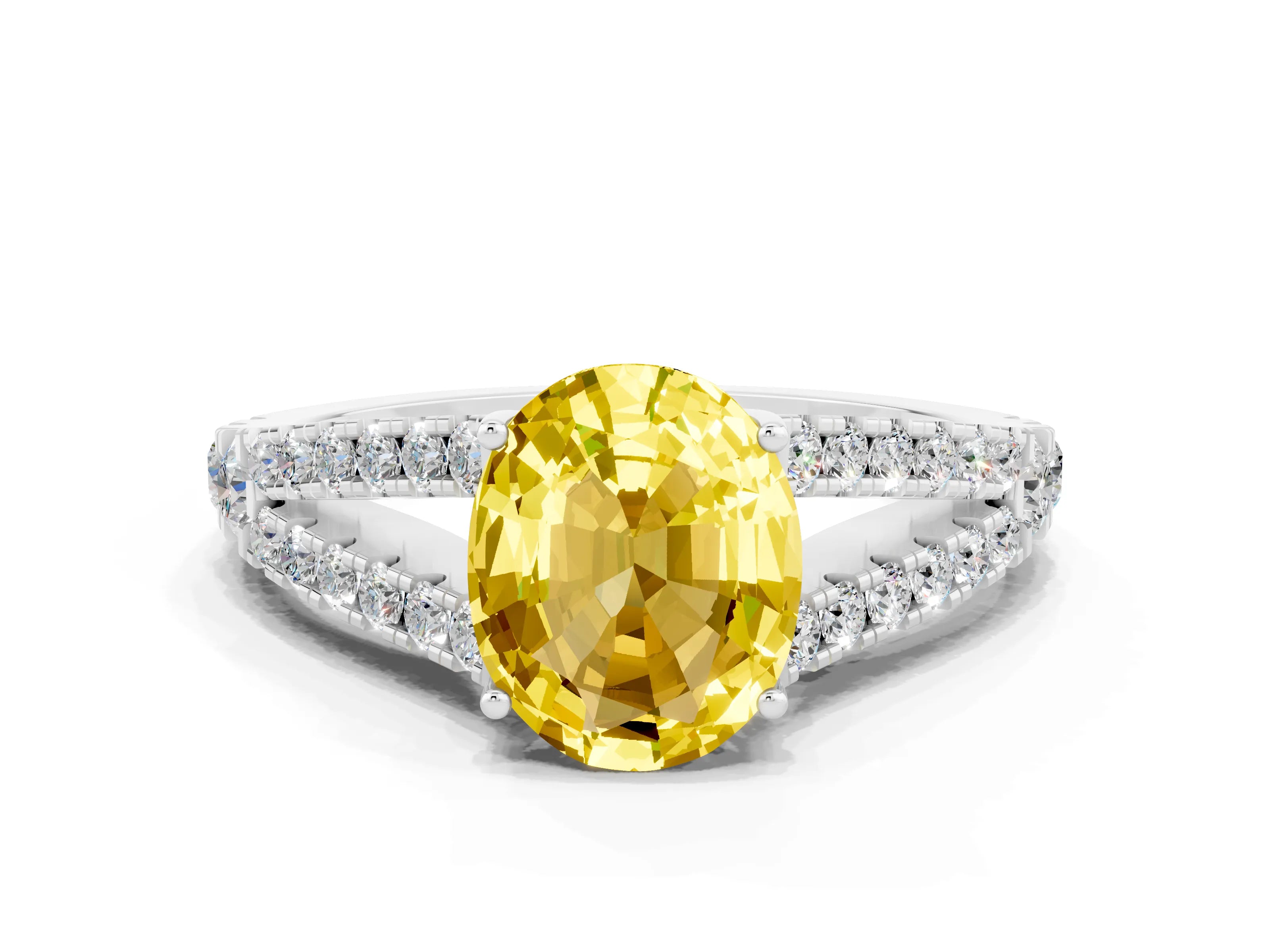 White gold Oval Cut Yellow Sapphire Split Shank Pavé Engagement Ring with Four-Prong Setting_12