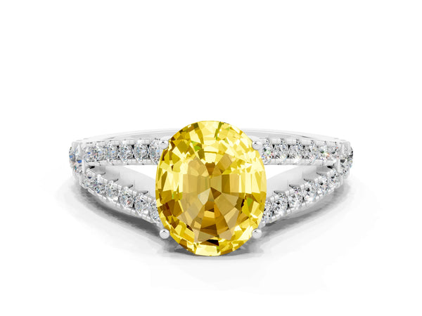 White gold Oval Cut Yellow Sapphire Split Shank Pavé Engagement Ring with Four-Prong Setting