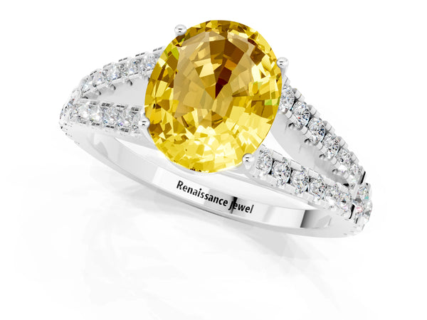 White gold Oval Cut Yellow Sapphire Split Shank Pavé Engagement Ring with Four-Prong Setting