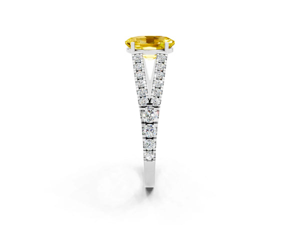 Platinum Oval Cut Yellow Sapphire Split Shank Pavé Engagement Ring with Four-Prong Setting