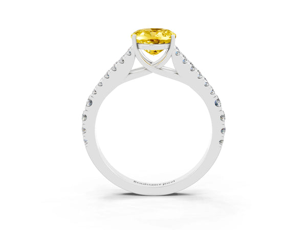 Platinum Oval Cut Yellow Sapphire Split Shank Pavé Engagement Ring with Four-Prong Setting