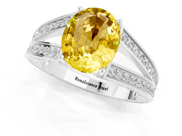 Platinum Oval Cut Yellow Sapphire Split Shank Ring with Pavé Band and Four-Prong Setting