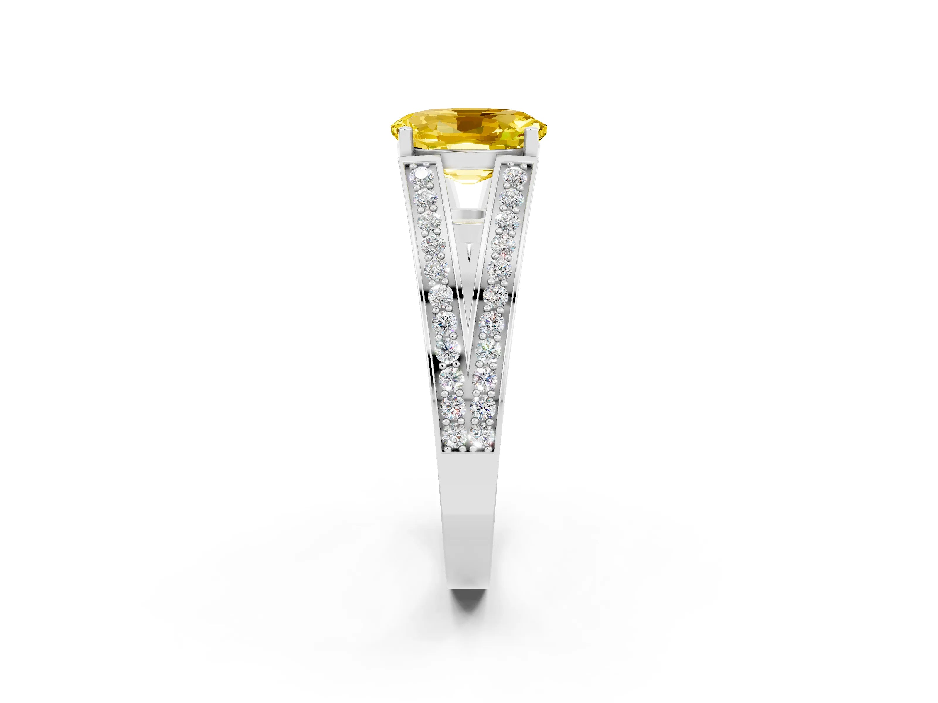White gold Oval Cut Yellow Sapphire Split Shank Ring with Pavé Band and Four-Prong Setting_2