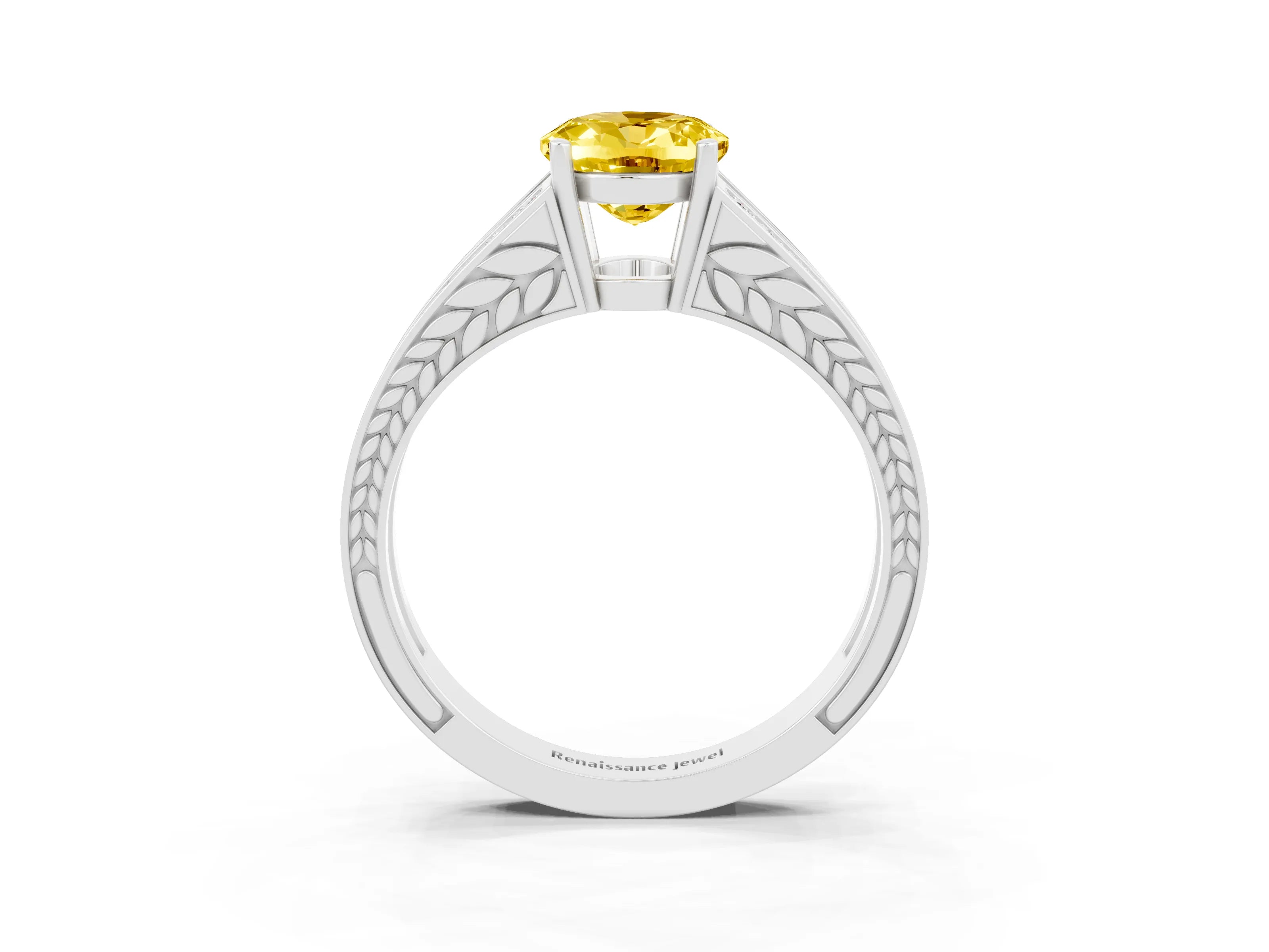 White gold Oval Cut Yellow Sapphire Split Shank Ring with Pavé Band and Four-Prong Setting_3
