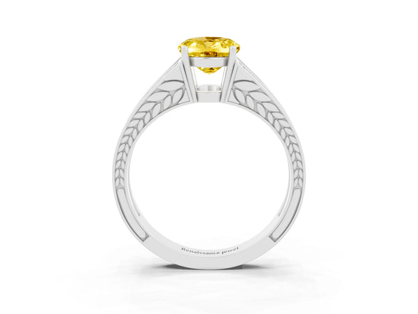 Platinum Oval Cut Yellow Sapphire Split Shank Ring with Pavé Band and Four-Prong Setting