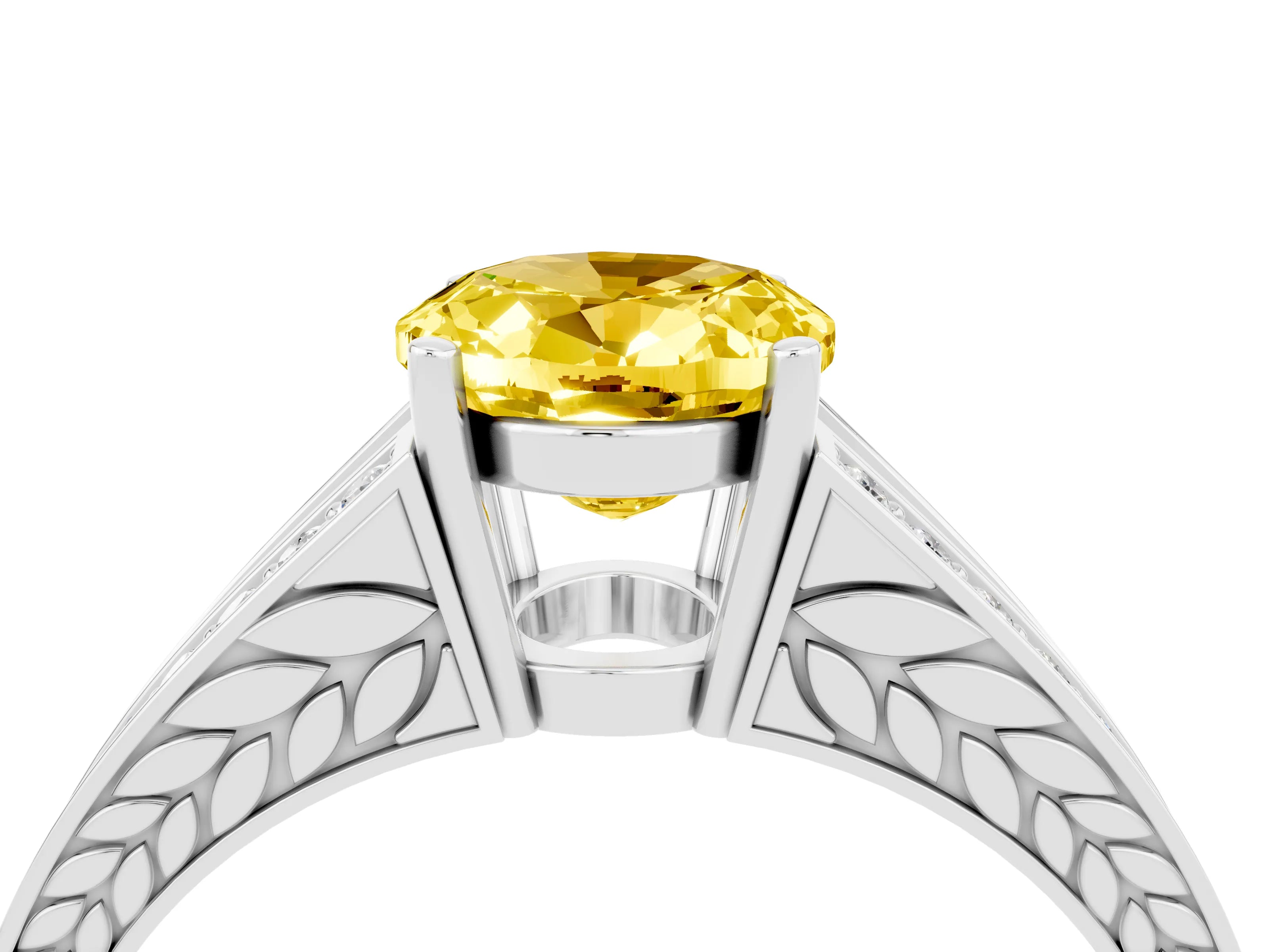 White gold Oval Cut Yellow Sapphire Split Shank Ring with Pavé Band and Four-Prong Setting_4