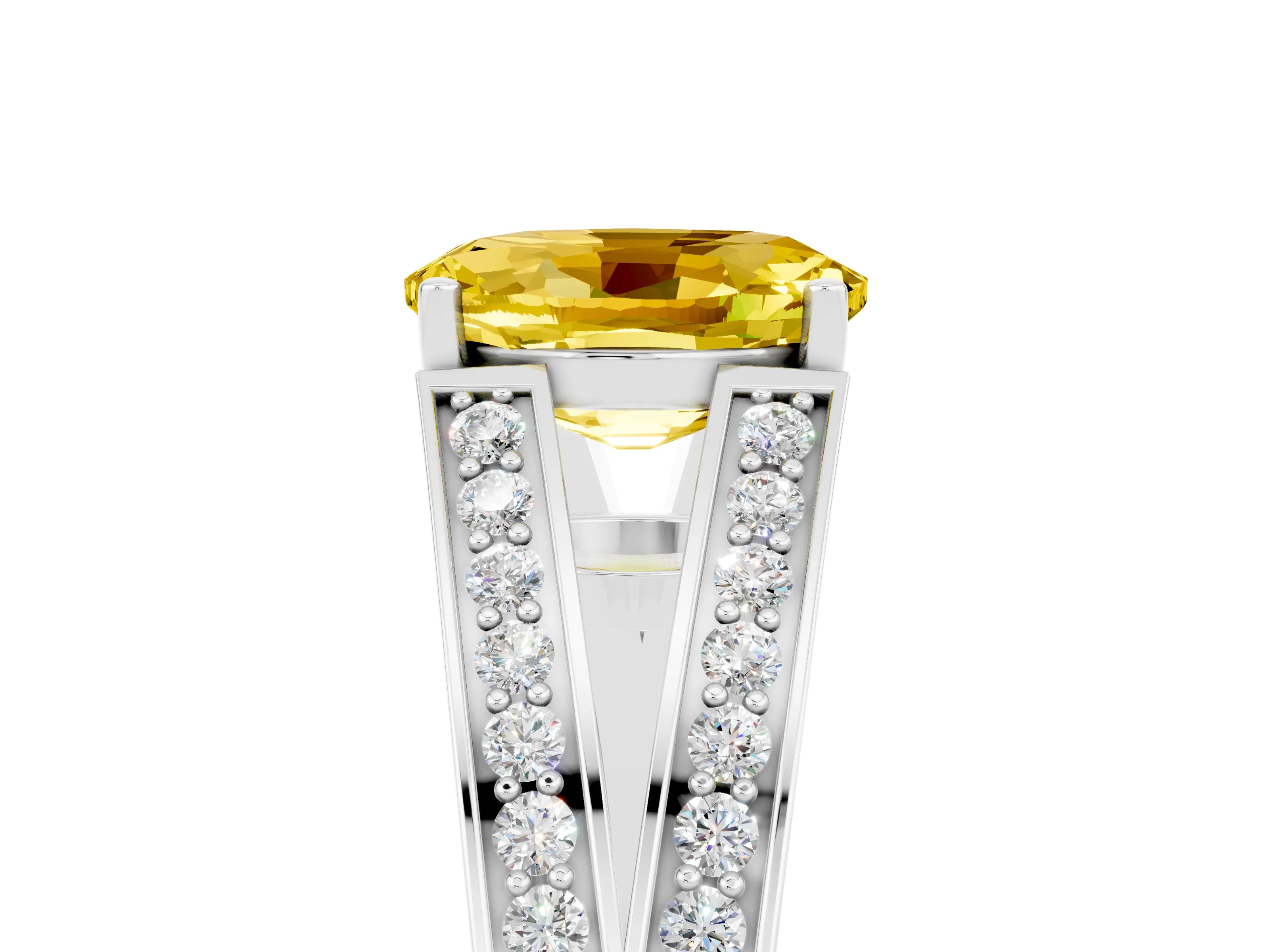 White gold Oval Cut Yellow Sapphire Split Shank Ring with Pavé Band and Four-Prong Setting_5