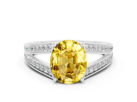 White gold Oval Cut Yellow Sapphire Split Shank Ring with Pavé Band and Four-Prong Setting